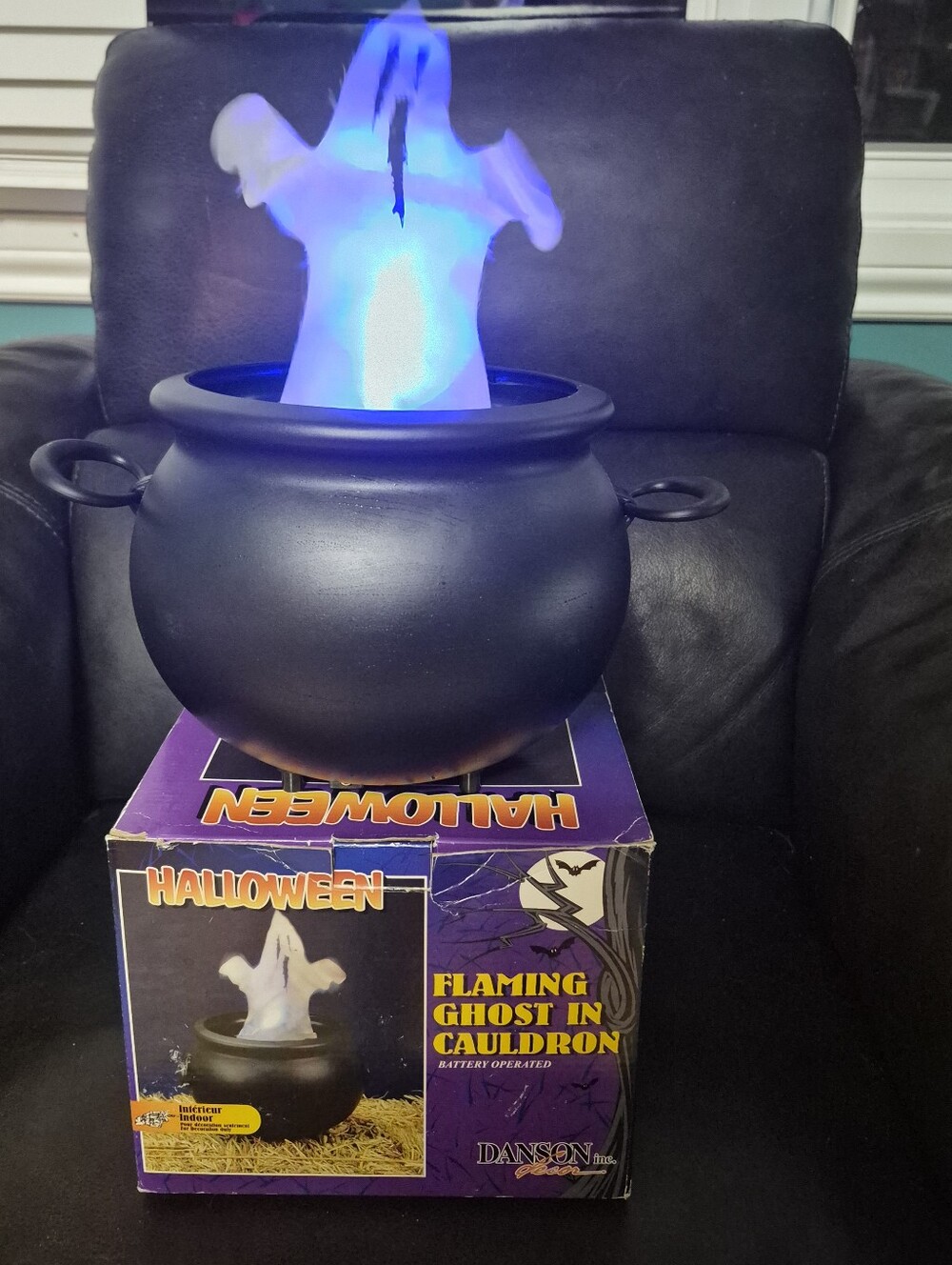 Vintage 90s Danson Flaming Ghost in Cauldron Halloween Decor Light Box